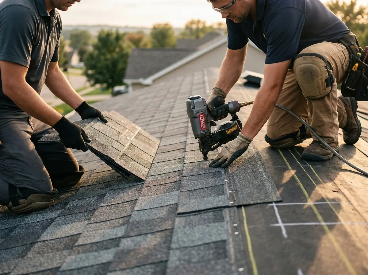 Professional roofer working on a residential roof in Oak Grove